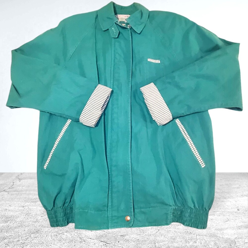 Vintage 80s 90s Teal Cyclone Stripe Lined Size M Collared Coat Pockets